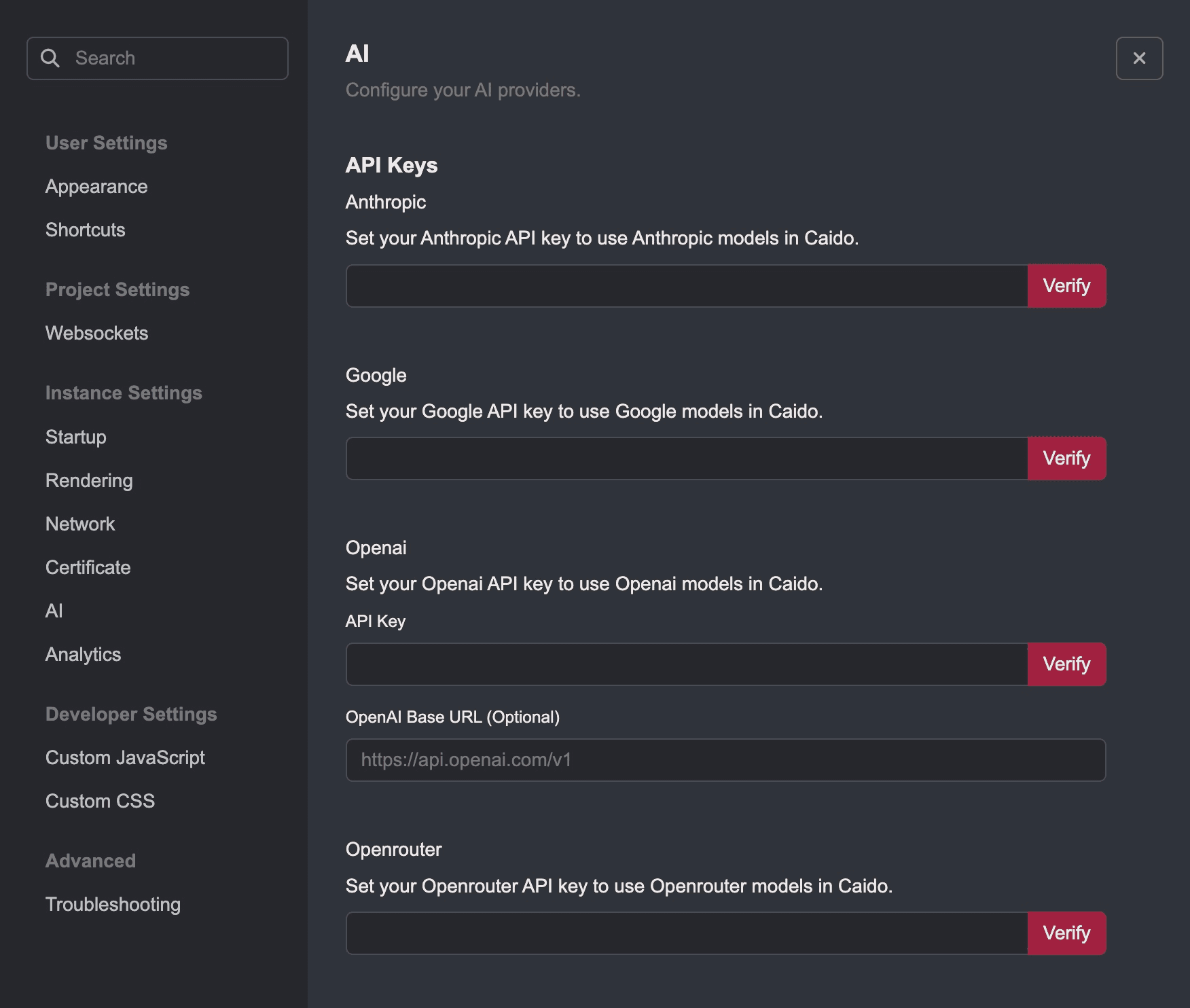 Caido AI settings.